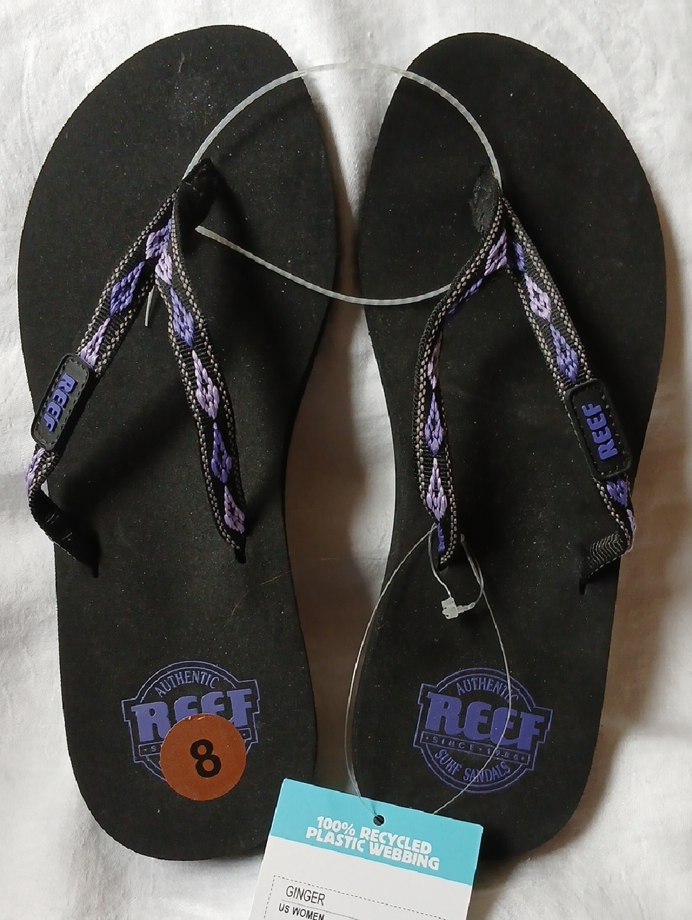 NWT Reef Ginger Black and Purple Sandals Flip Flops Women's Size 8